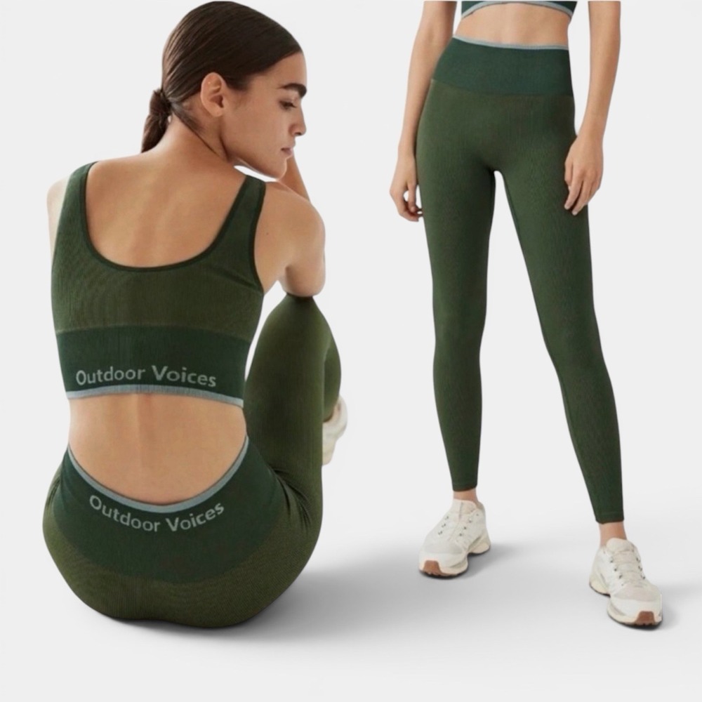 Women's Outdoor Voices Sports Bra Leggings Set XS Green Ribbed Longline Ribbed